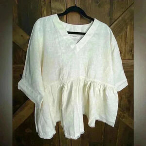 PAVIETRA SERENA Ruffled Linen Top, Peplum Top, White Linen Blouse Size M